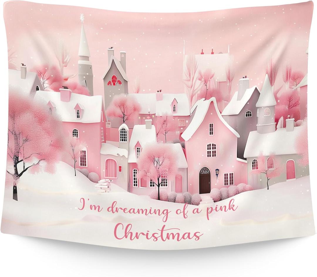WAITPI Pink Christmas Winter Village Hanging Wall Tapestry for Girls Bedroom Holiday, Cute I'm Dreaming of A Pink Xmas Wall Tapestries Hanging for Teens Girls Room Dorm Decor 40x30 inches