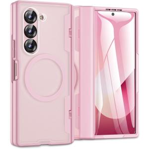 Caka for Samsung Galaxy Z Fold 5 Case [Magnetic Charging] [Hinge Protection] [Built-in HD Screen Protector] Translucent Hard Shockproof Magnet Phone Cover for Fold5 - Pink (For Z Fold 5 (without Pen holder), Pink)
