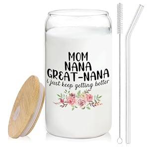 BEHIFL Christmas Grandmother Gifts For Mom Nana Great Nana Glass Coffee Cup With Lid And Straws 14oz - christmas Glass Cup gifts For Grandma