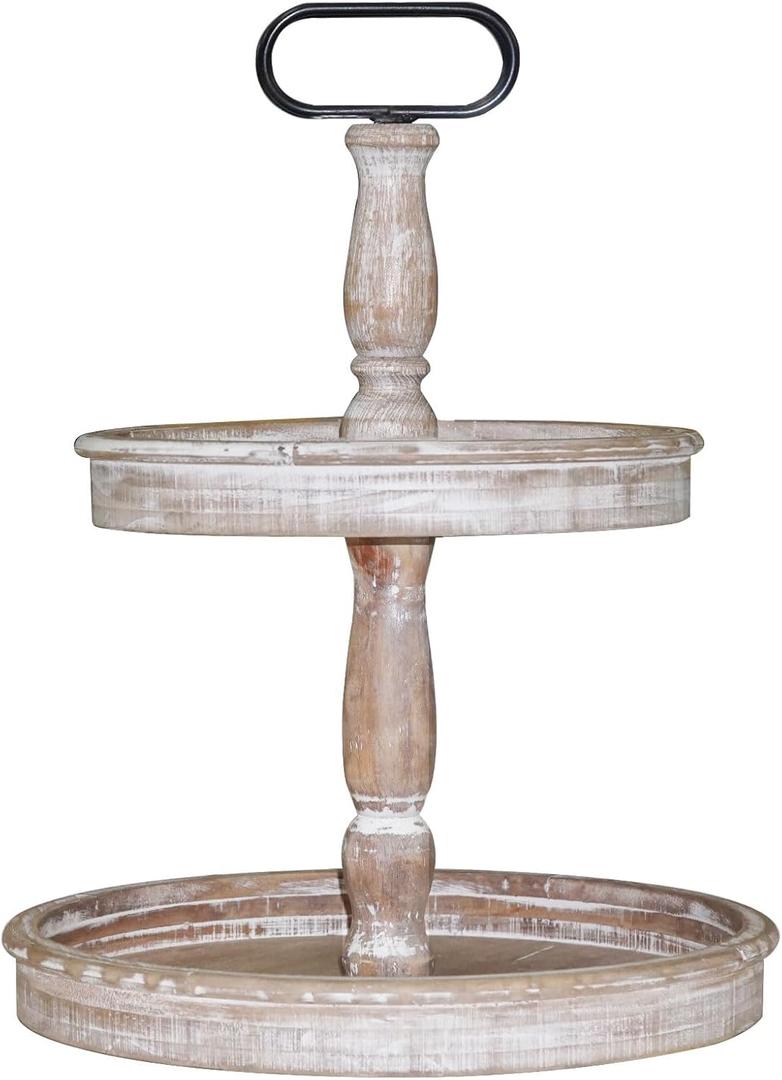 Krismax Decorative Trays - Two Tiered Tray Stand Rustic Decor Farmhouse 2 Tiered Tray Serving Tray Seasonal & Holiday Decoration Wooden Tray (15.7", Brown)