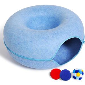 Large Cat Tunnel Bed for Indoor Cats with 3 Toys, Scratch Resistant Donut Cat Bed, Up to 30 Lbs (L 24x24x11, Blue)