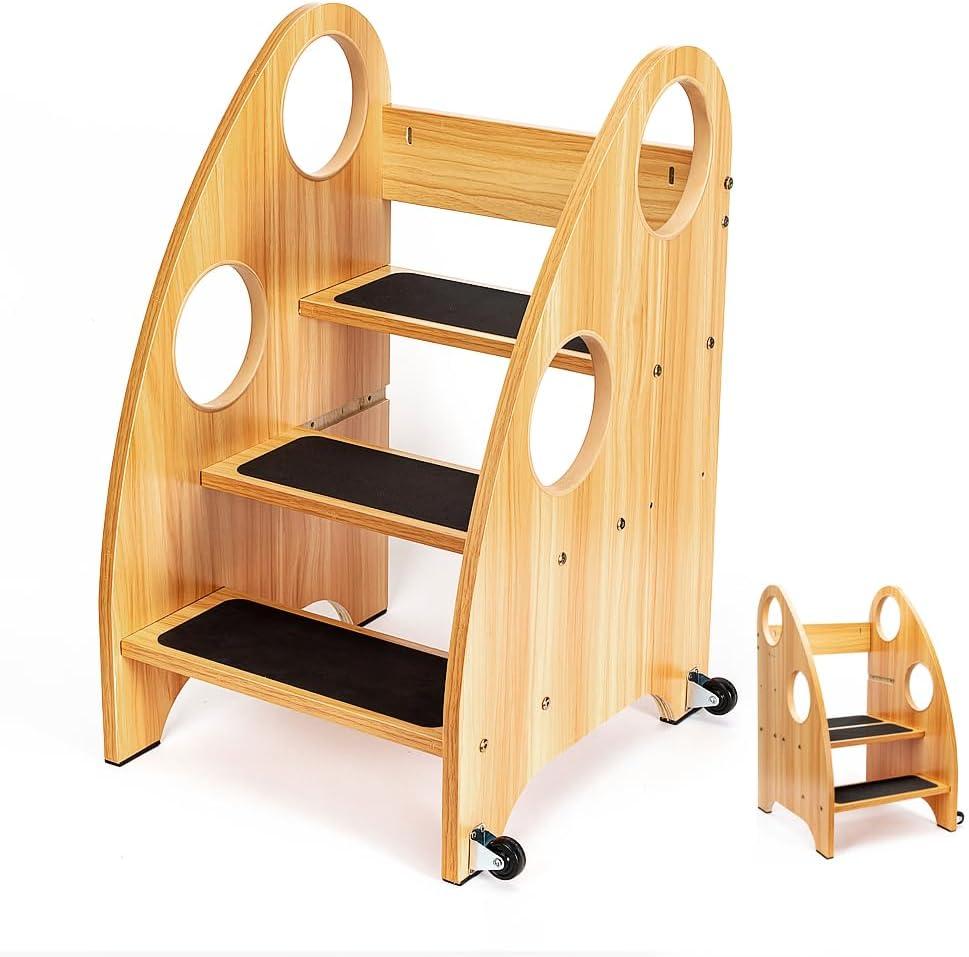 StrongTek Kids Step Stool, Step Ladder with Wheels & Safety Handles, 3-Tier Wooden Toddler Standing Tower, Convertible Chair with Non-Slip Steps, 350 lbs Capacity for Kitchen & Bathroom