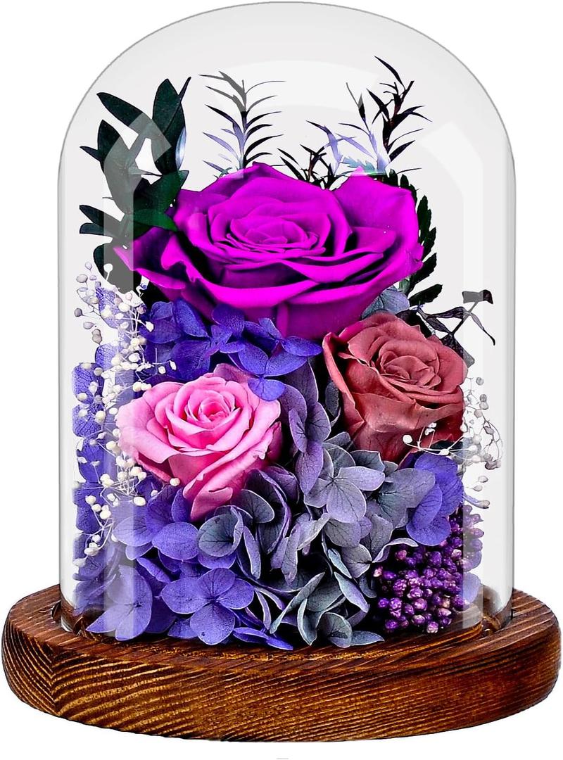 Flowers for Delivery Prime Preserved Flowers Gift for Women, Real Forever Rose Bouquet in Glass Dome, Purple Flowers Gift for Mother's Day, Birthday, Anniversary, Valentine's