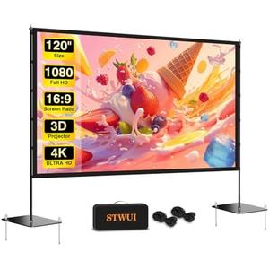 STWUI Outdoor-Projector-Screen-with-Stand - 120 inch Portable Projector Screen Indoor Outdoor Projector Screens 16:9 4K HD Lightweight Movie Screen with Carry Bag for Backyard Movie Night