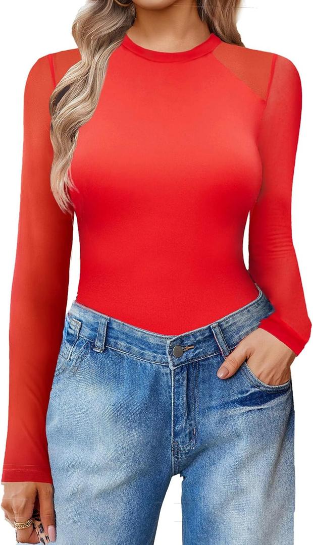 Avidlove Women Long Sleeve Bodysuit Crew Neck Body Suits Mesh One Piece Leotards Shirt Going Out Bodysuit Tops (Large, Red)