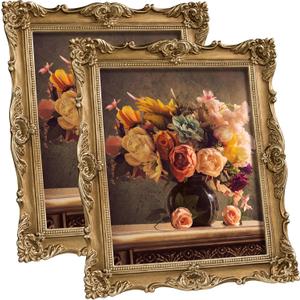 eletecpro 8x10 Vintage Picture Frame Set of 2 with Real Glass Cover, Ornate Antique Photo Frame, Display 8x10 Picture for Tabletop or Wall Hanging, Gold Home Decor for Gallery Art