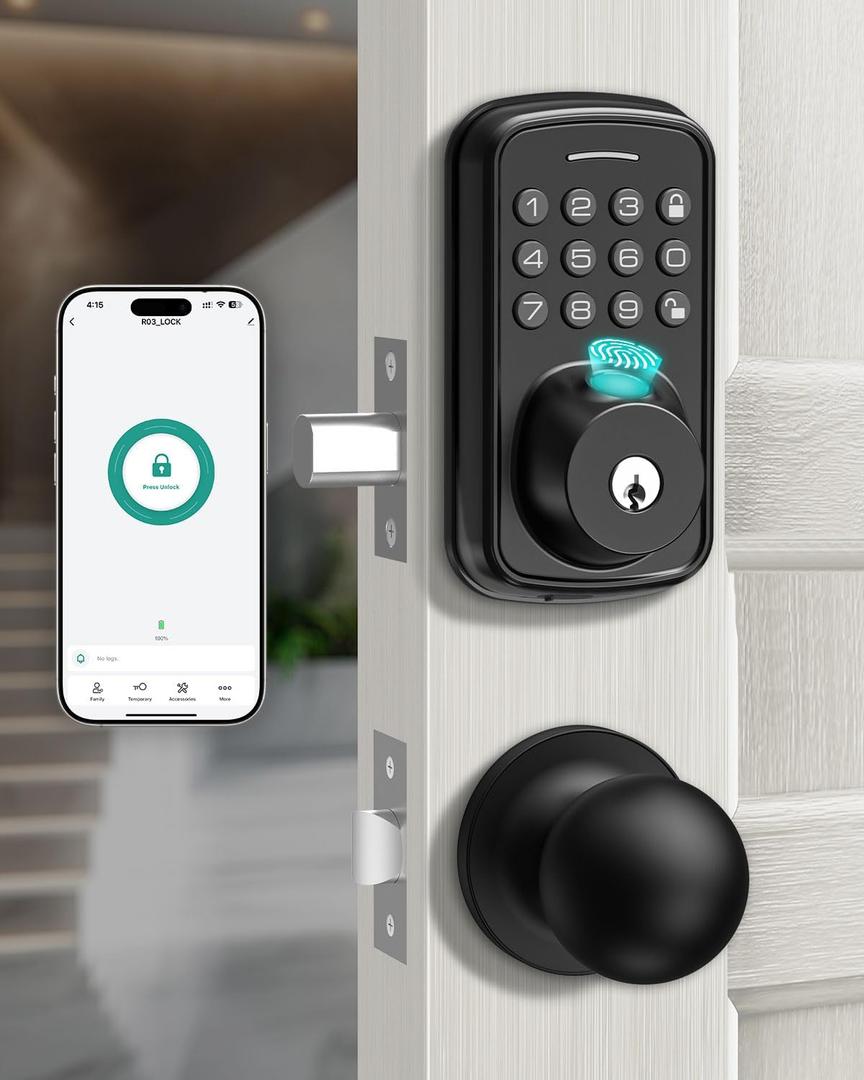Keyless Entry Door Lock with Handle Set, Smart Door Lock with Fingerprint, 5 in 1 Unlock, Auto Lock Biometric Fingerprint Door Lock for Front Door, Easy Installation (Black)