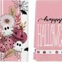 Artoid Mode Pink Ghost Polka Dot Pumpkin Happy Halloween Kitchen Towels Dish Towels, 18x26 Inch Farmhouse Flower Bat Decoration Hand Towels, Set of 2