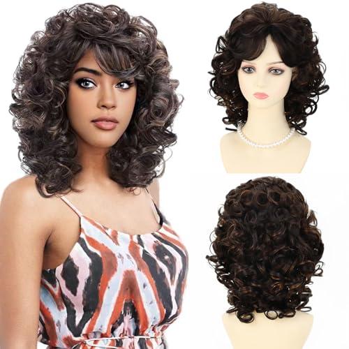 TISHINING Short Brown Curly Wigs for Black Women Dark Brown Mixed Blonde Highlights Bouncy Curly Wigs with Bangs Natual Looking Daily Party Synthetic Full Wigs for Women