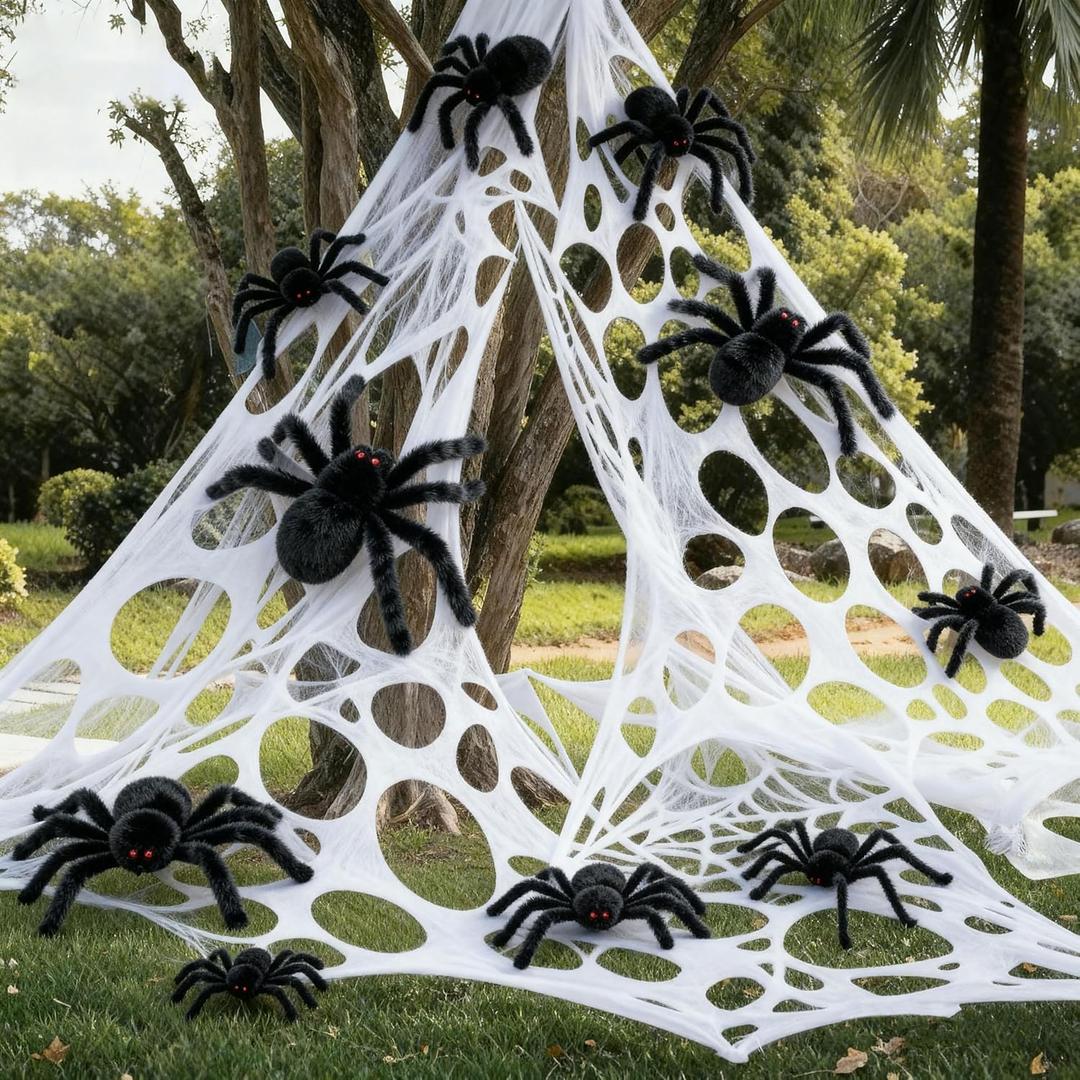 Halloween Decoration Outdoor 8 Pcs Giant Spider with 960 Sqft Stretchy Netting Spiderweb Set for Large Haunted Props Cobwebs Garden Yard Party (59, 24, 20, 12)(White,Black)