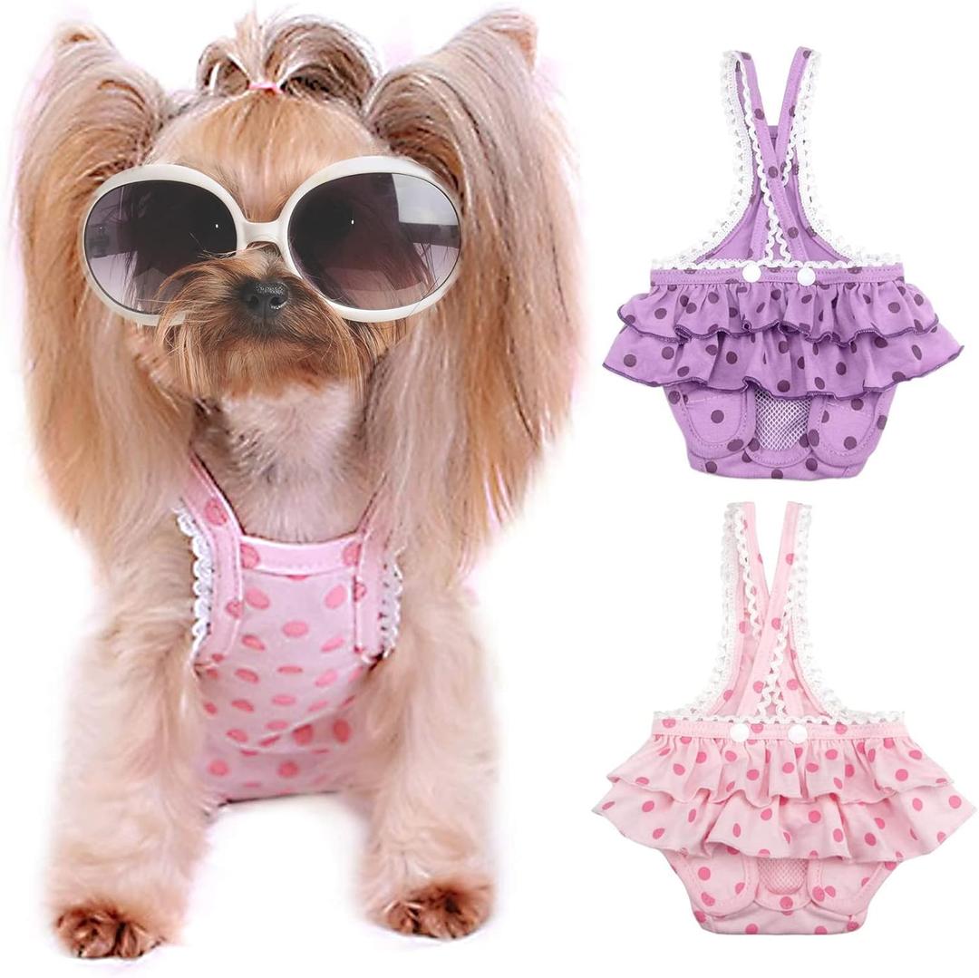 2 Pieces Washable Female Diapers with Suspender Comfort Reusable Doggy Diapers Reusable Puppy Sanitary Panties Dog Underwear Diaper for Small Girl Dogs in Period Heat (Pink&Purple,M) (M(5-9LB)Waist14.9 Back11.3)