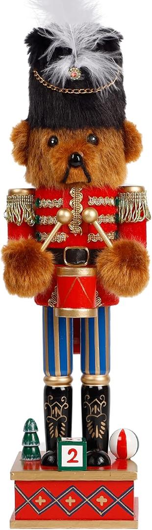 Joliyoou Christmas Nutcracker Figures, 14 Inch Wooden Nutcracker Ornaments, Large Xmas Funny Nutcracker Tabletop Festival Shelves Decorations(Bear Drummer)