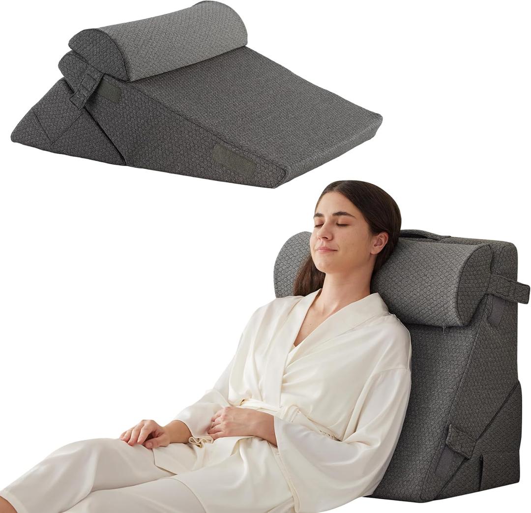 Bedluxe 3Pcs Orthopedic Bed Wedge Pillow Set, Foam Wedge Pillow Post Surgery for Back, Leg and Knee Support, Adjustable 9&12 Inch Folding Triangle Pillow for Sleeping, Acid Reflux, Snoring, Dark Grey, Adjustable 9&12 Inch + 1 Head Pillow