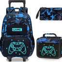 Gamer Rolling Backpack for Boys - 3PCS Boys Rolling Backpack with Lunch Box Set for Kids Children Teens Elementary Middle School,Glow in The Dark Roller Bookbag with Wheels for Age 6-18