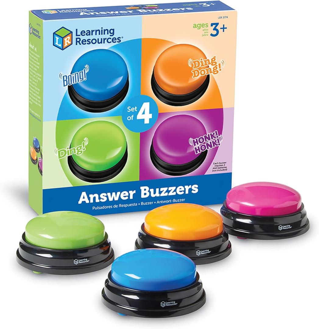 Learning Resources Answer Buzzers - Set of 4, Ages 3+, Assorted Colored Buzzers, Game Show Buzzers, Perfect for Family Game and Trivia Nights, for Kids