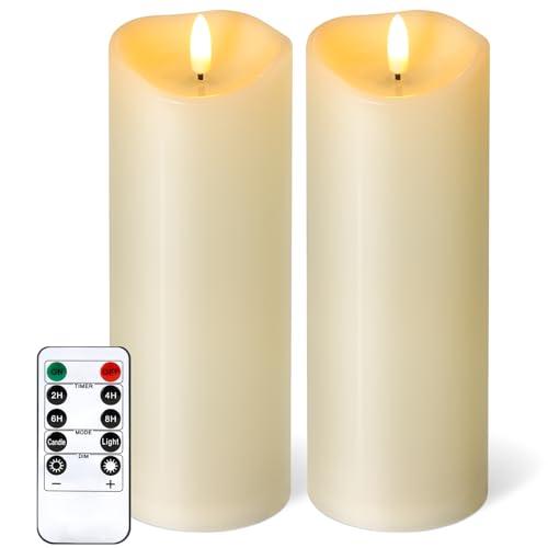 NURADA Outdoor Flameless Candles with Remote Timer - Waterproof Tall Realistic Flickering LED Pillar Electric Battery Operated Fake Candle for Home Wedding Fireplace Decor - Ivory 2 Pack (8" 8")