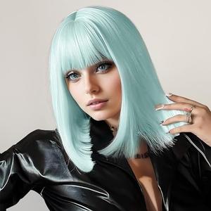 SUKRI Green Bob Wig With Bangs Short Mint Green Bob Wigs for Women Straight Bangs Wig 12Inch Heat Resistant Synthetic Hair Natural Looking For Daily Party Use