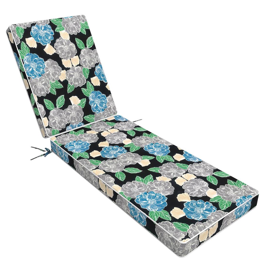 TWLEAR Outdoor Chaise Lounge Cushion 72 x 21 x 3 Inch, Fade Resistant & Waterproof Patio Lounge Chair Cushion with Adjustable Straps for Swimming Pool Patio Furniture, Peony Garden