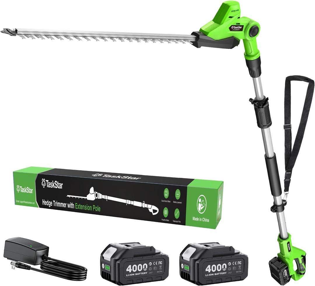 TaskStar Pole Hedge Trimmer Cordless: 20" Electric Long Reach Shrub & Bush Trimmer with Extension Pole, 2x4.0Ah Battery, Dual-Action Blade Hedge Clippers, 3000 SPM High-Speed Motor, 8-Feet Reach