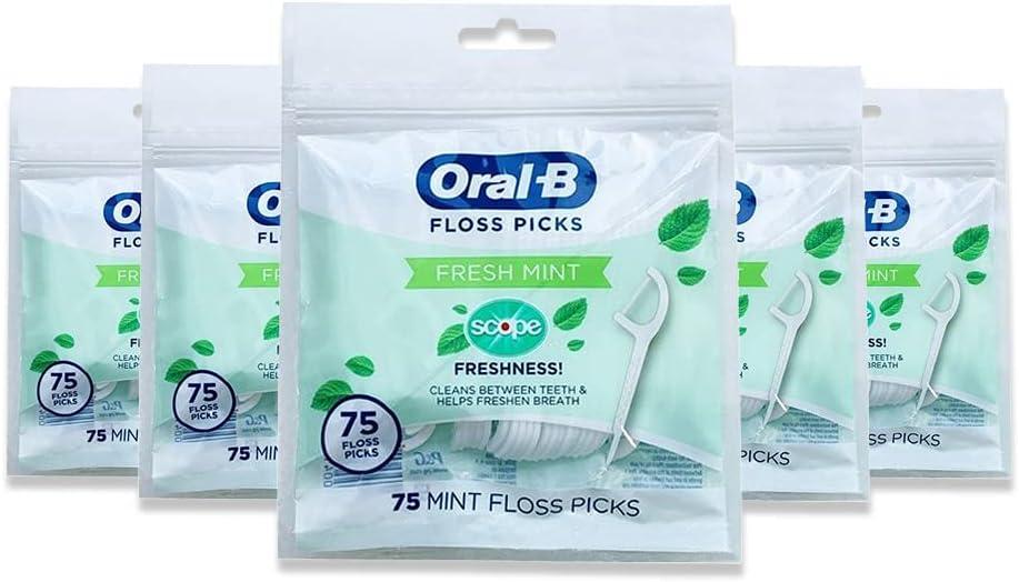 Oral-B Floss Picks Fresh Mint with Scope Freshness, Shred Resistant, 75 Count (Pack of 5)