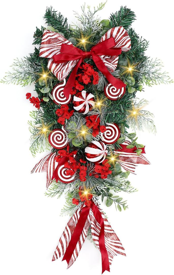 Yunlly 28" Pre Lit Christmas Teardrop Swag Battery Operated Christmas Swag with Lights, Red and White Bowknot, Swirl Candy Cane Ball, Xmas Wreath Ornament for Indoor Outdoor Front Door Decoration
