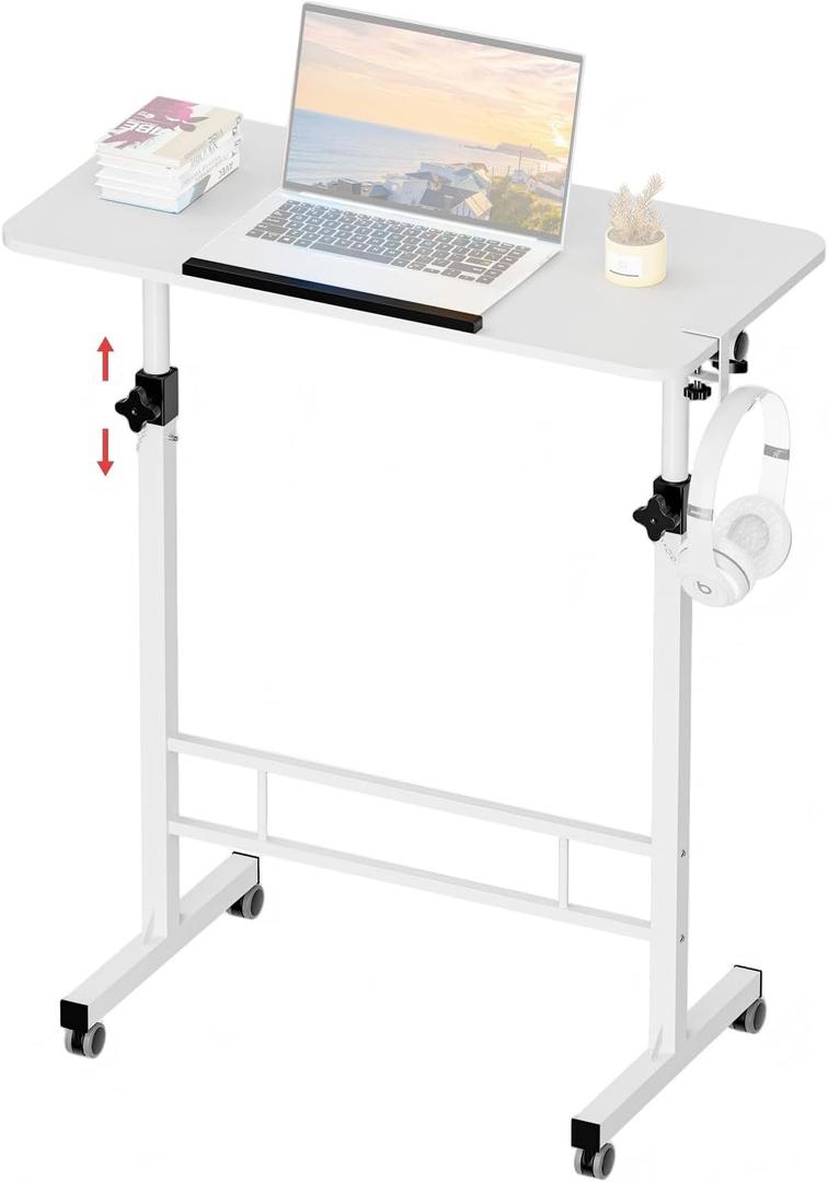32 Inch Rolling Standing Desk Adjustable Height, Small Mobile Laptop Stand Up Table with Tiltable Tabletop & Lockable Wheel, Portable Workstations for Home Office & Walking Pad Treadmill, White