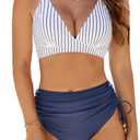 Edelqual Womens High Waisted Bikini Sets Tummy Control Swimsuit Two Piece Drawstring Bathing Suit Tankini Summer Modest Swimwear Resort Cruise Wear Matching Outfits (Striped Blue, M)