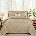 Drucon Beige Queen Size Quilt Set Branch Bedspread Coverlet Set, Beige Botanical Floral Pattern Quilted Bedding Set 3 Piece Soft Lightweight Microfiber Bed Cover for All Season (96''x90'')