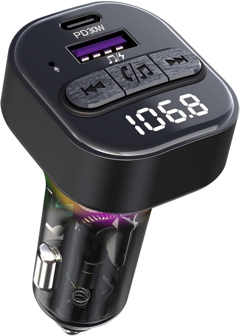 Bluetooth 5.3 FM Transmitter for Car, Bluetooth Car Adapter with Type-C PD(30W) Charger and QC3.0 USB Port, Wireless FM Radio Transmitter, Support MP3 Player, Handsfree Calling, LED Backlit,U Disk