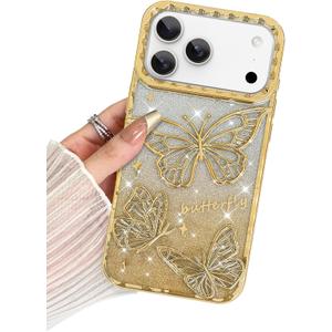 BITOBE Designed for iPhone 17 Pro Max Case 2025, Cute 3D Butterfly Slim Plating Glitter Bling Luxury Cover for Women Girls Protective Camera Protection Bumper 6.9" Gold