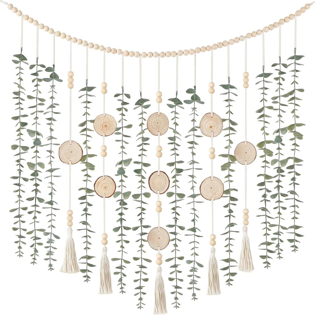 Dahey Hanging Artificial Plant Eucalyptus Wall Decor 43'' Wooden Bead Garland with Fake Greenery Leaves Boho Rustic Farmhouse Wall Art for Living Dining Room Bathroom Bedroom Kitchen Decoration