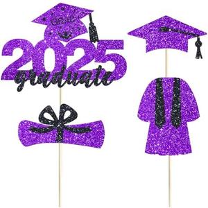 2025 Graduate Cake Topper Purple Glitter Congrats Grad Cake Topper Class of 2025 Cake Decor for 2025 Senior High School/College/University Happy 2025 Graduation Party Supplies Decorations, Pack of 4