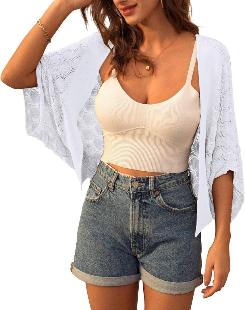 GRACE KARIN Summer Cropped Cardigan for Women 2026 Batwing Sleeve Crochet Bolero Shrug Sweaters Lightweight Beach Boho Kimono (Large, White)