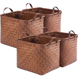 13x15x13 Woven Laundry Basket Hamper, Storage Basket for Clothes Blankets, 4-Pack Wicker Bin for Closet Shelves Bedroom Bathroom, Brown