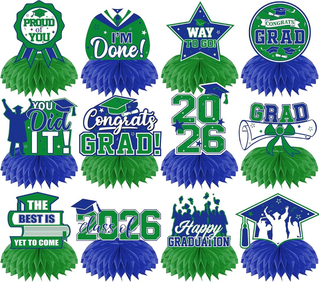 12Pcs Green and Blue Graduation Decorations Honeycomb Centerpieces, Class of 2026 Graduations Centerpieces for Tables Green and Blue Congrats Grad Graduation Table Decoration Grad Centerpiece