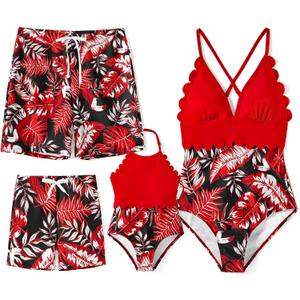 PATPAT Mommy and Me Matching Swimsuit One Piece Leaves Printed V Neck Bathing Suits Family Swimwear Matching Set (Large, Ruby Red)