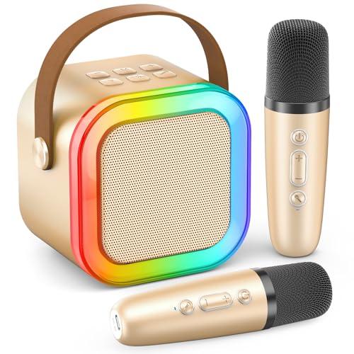 Mini Karaoke Machine for Kids Adults, 2026 TOP Birthday Gifts for Girls Boys 3,4,5,6,7,8+Year Old Toddler Toys, Portable Bluetooth Speaker with 2 Wireless Karaoke Microphones Player (Gold)