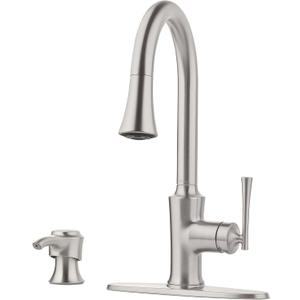 Pfister Antrom Kitchen Faucet with Pull Down Sprayer and Soap Dispenser, Single Handle, High Arc, Spot Defense Stainless Steel Finish, F5297AOGS
