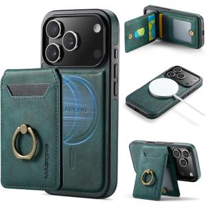 Wallet Case for iPhone 17 Pro, 2 in 1 Strong Magnetic Detachable, Shockproof Phone Case Compatible with MagSafe, Slim Leather Wallet RFID Blocking 5-Card Holder Ring Grip Stand (Green)