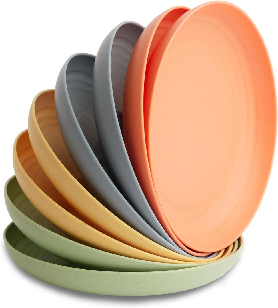 Nook Theory 8-Pack Reusable Wheat Straw Plates Set - Non Toxic and Non Plastic Dinner Plates for Kids and Adults, Lightweight Unbreakable Plate, Microwave Safe and Dishwasher Safe (Meadow 9")