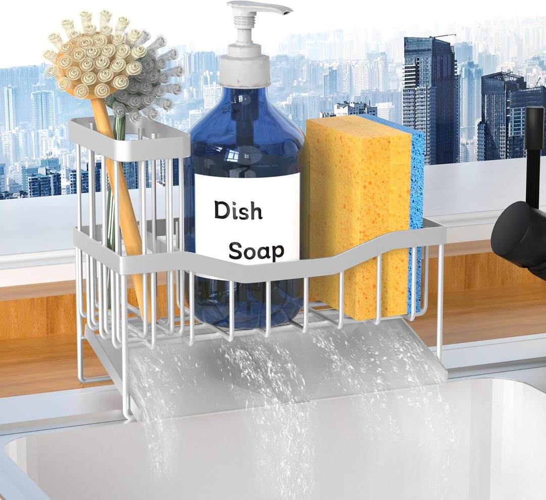 Maifan Sink Caddy Sponge Holder for Kitchen with Brush Holder and Stainless Steel Self Drain Tray, Rustproof Kitchen Sink Organizer for Sponge, Soap Dispenser Storage Accessories (Lacquer Silver) | Sponge Holder, Brush Holder, Self Drain Tray, Rustproof, Sponge, Soap Dispenser