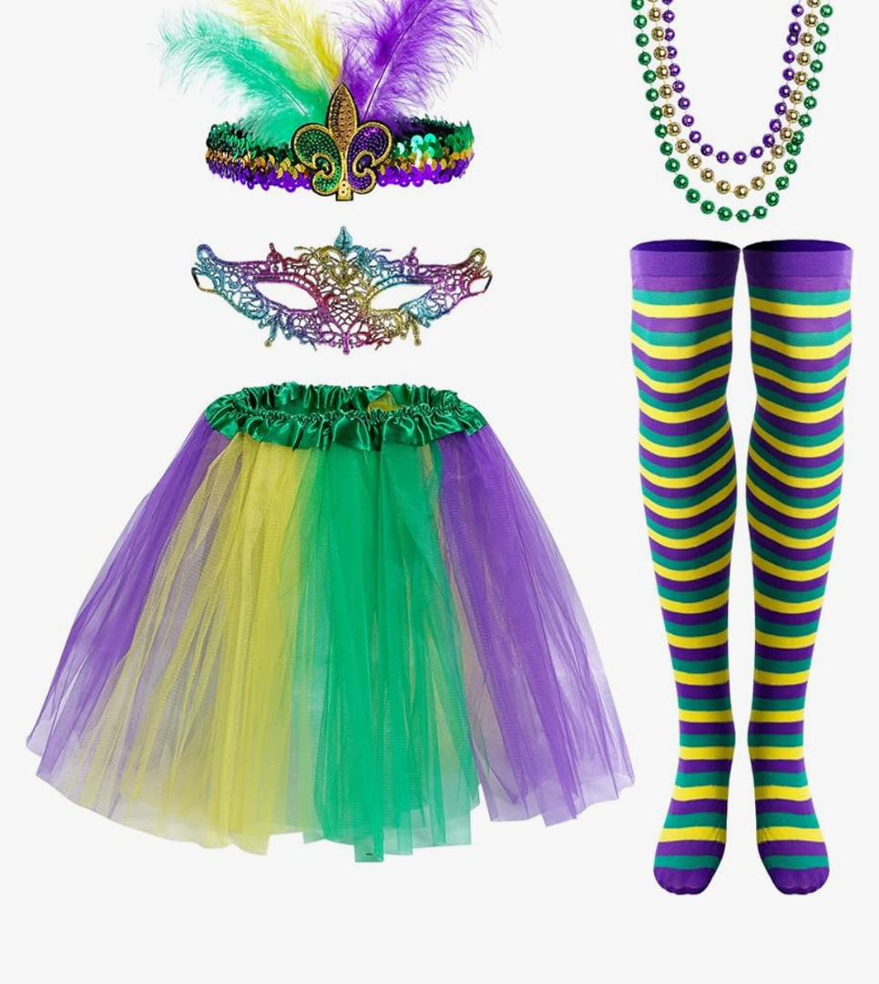 Yolyoo 7 Pieces Mardi Gras Costume Accessory Set Tutu Skirt, Faux Feather Half Mask,Mardi Gras Beads,Long Socks for Women and Girls Multicoloured