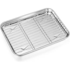 P&P CHEF 9 Inch Baking Sheet Pan with Rack Set, Stainless Steel Cookie Sheet Pan Tray with Cooling Rack for Oven Use, Cooking Roasting, Non Toxic & Dishwasher Safe, Heavy Duty
