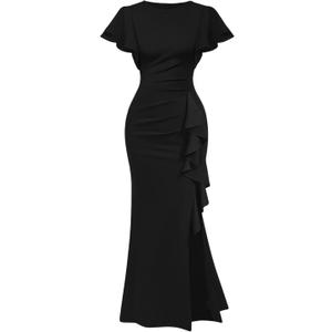 Memoriesea Women's Elegant High Split Ruched Bodycon Mermaid Evening Cocktail Maxi Dress (Black, XL)