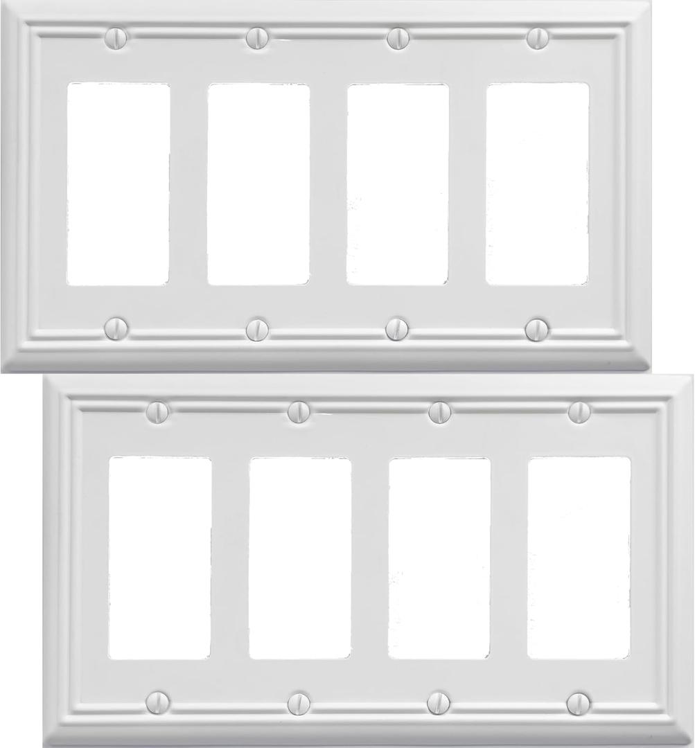 Quadruple Decorator Light Switch Cover Adler Metal Wall Plate, 2-Pack White 4 Gang Quadruple Rocker, for Receptacle Dimmer Switch GFCI Outlet, Switch Cover Decorative Wallplate, Durable
