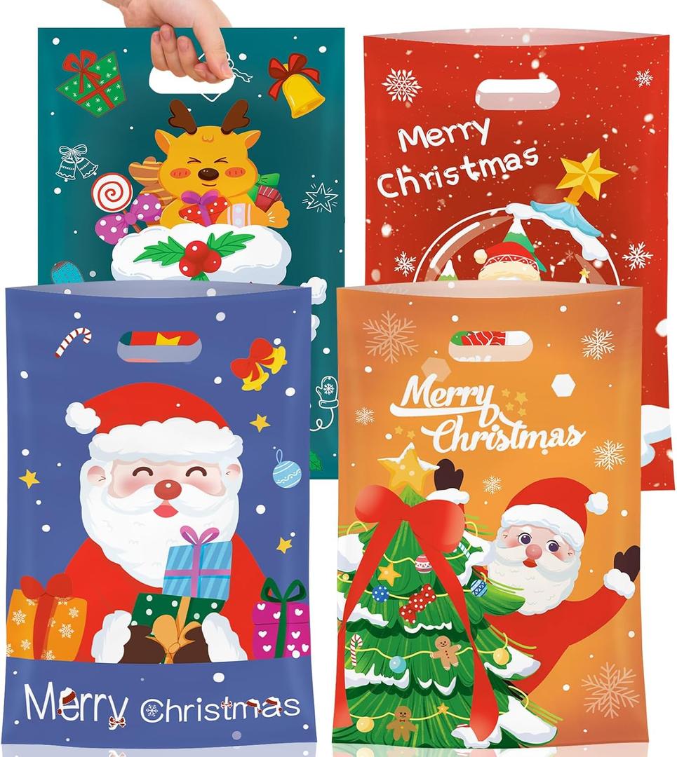 Litmitfu 50 Pcs Christmas Gift Bags with Handles, Plastic Merry Christmas Goodie Bags Bulk, Winter Candy Treat Tote Goody Cookie Party Favor Bag for Xmas Holiday Party Favors Supplies, 4 Styles