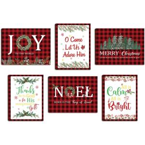 HOURIA 6Pcs Framed Buffalo Plaid Christmas Canvas Wall Art, Joy to The World Xmas Christian Jesus Wall Decor for Home,12x16 Vintage Religious Christmas Decorations for Living Room Bedroom