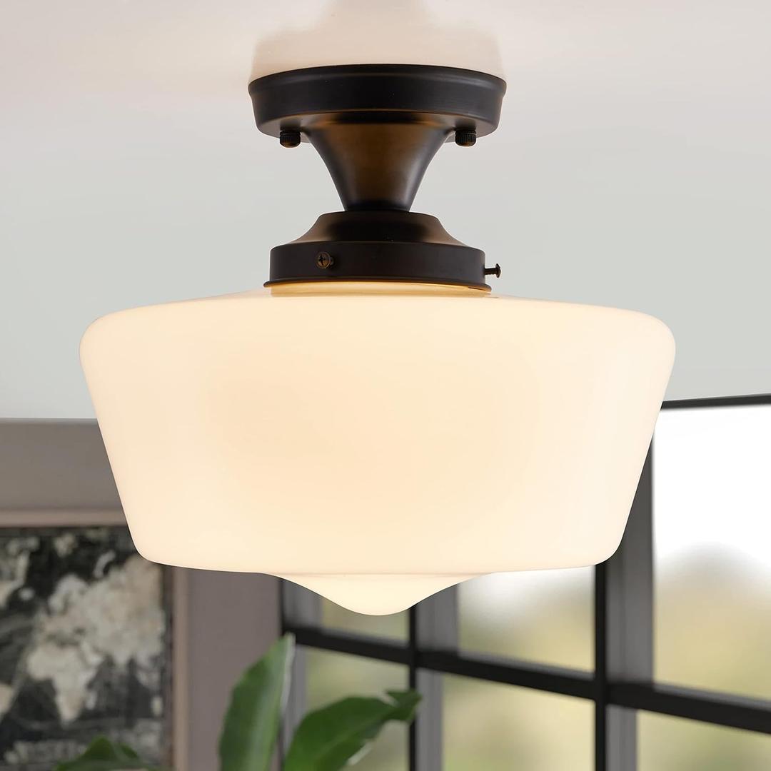 Black Schoolhouse Light Fixture, 12" Milk Glass Flush Mount Ceiling Light, Black Semi Flush Mount Ceiling Light for Farmhouse Kitchen Hallway Entryway
