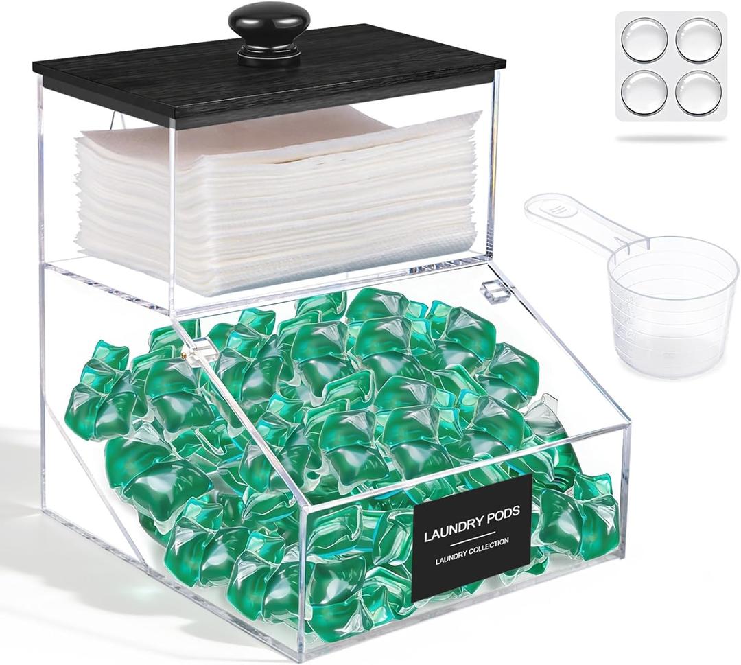 2 in 1 Dryer Sheet Holder & Laundry Pods Container, Laundry Detergent Organizer Container with Lid, Acrylic Laundry Room Organization Storage Containers with Labels, Dishwasher Pod Holder (Black - New 1)