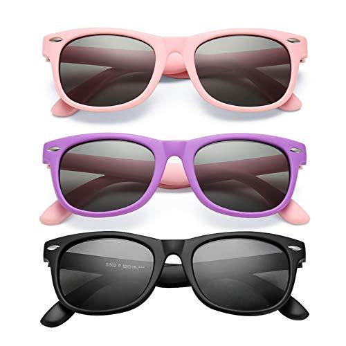 COASION Kids Polarized Sunglasses Set TPEE Rubber Flexible Shades for Girls Boys Age 3-9 Sunglasses 3 Pack (Pink/ Grey + Purple/ Grey + Matte Black/ Grey)